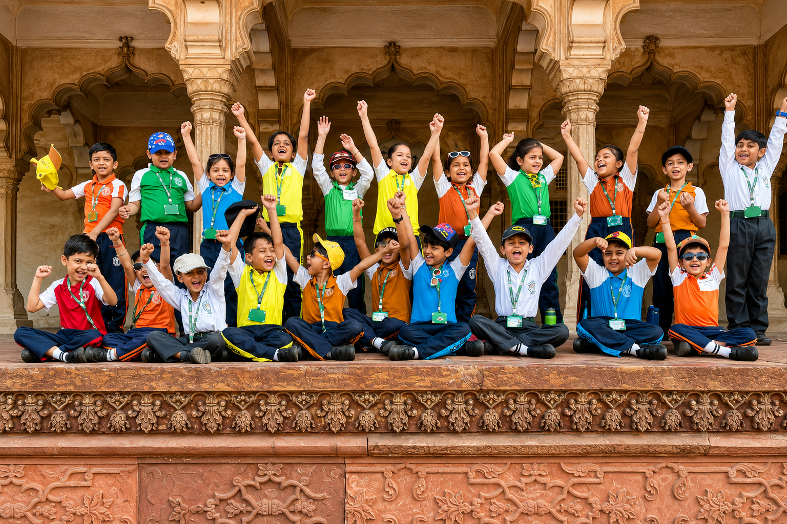 DPS Agra students cheering during adventure trip to Agra Fort